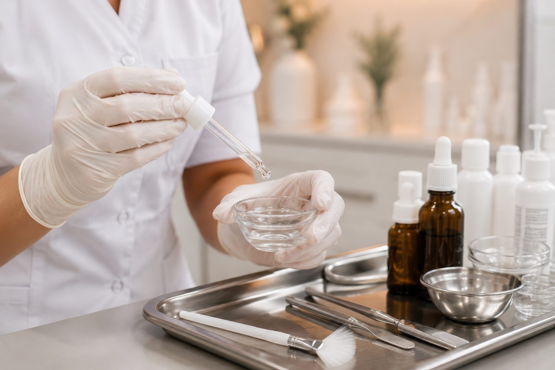 ケミカルピーリングで使用する薬剤と器具を準備する様子