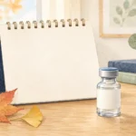 秋の葉と卓上カレンダー、ワクチン瓶を描いた落ち着いた予防接種のイラスト
